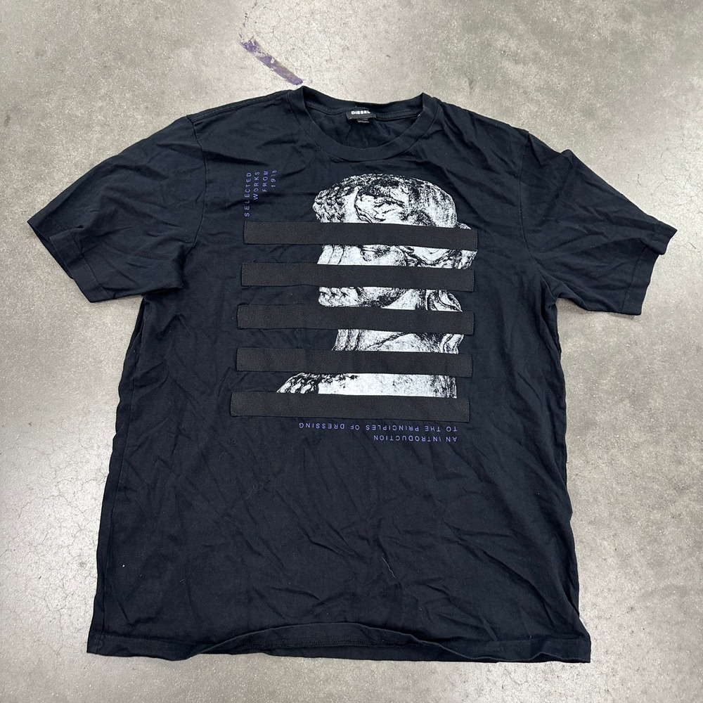 Diesel Mens Graphic T-Shirt Black Sample A3STH3TIC Canvas Panel Tee Large